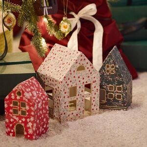 Christmas village papier-mâché 3 cardboard houses set NEW